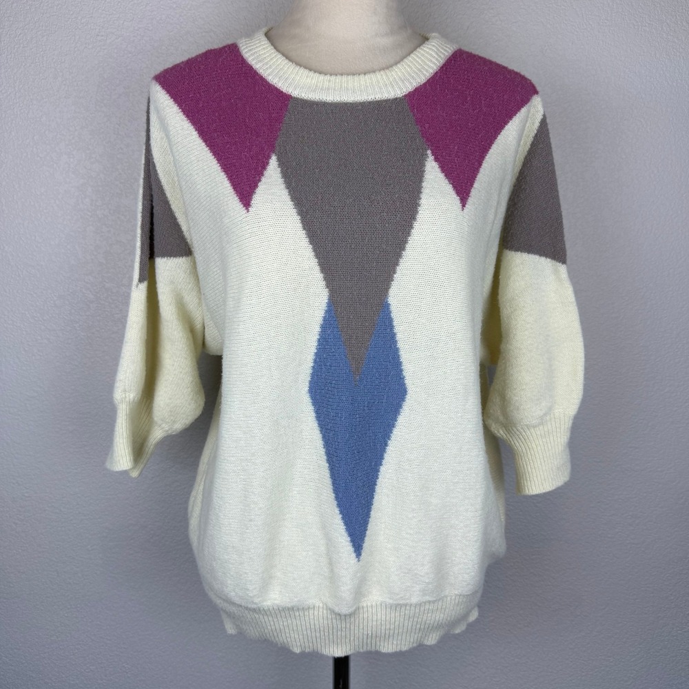 VTG 80s‎ KORET Women's Cream Argyle Diamond Geometric Print Crewneck Sweater